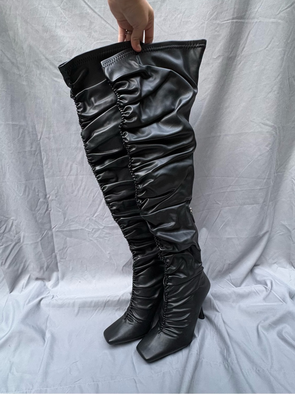 NWOB Cape Robbin Black Ruched Over-the-Knee Thigh High Stiletto Boots